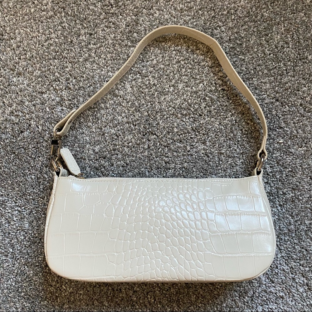 Ivory Leather Croc-Embossed Shoulder Bag